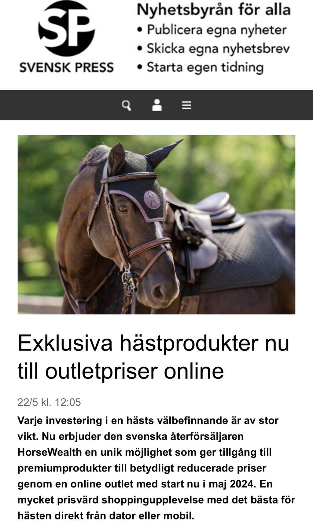 Pressmeddelande Exklusiva hästprodukter till outletpriser online, Svensk Press, HorseWealth